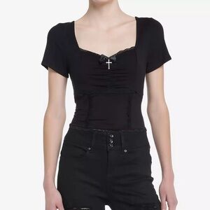 hot topic cosmic aura lacey black cross ruched women’s  size large crop top